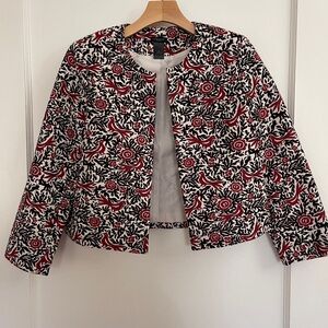 Ann Taylor Factory Cropped Floral & Bird Print Jacket in Black, White & Red